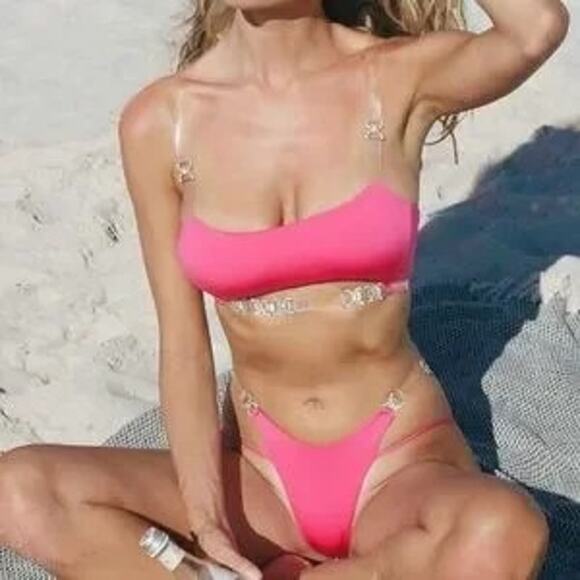 Monica Hansen Beachwear NWT Shine Like A Diamond Bikini Set in Azalea Size Small - Picture 1 of 7